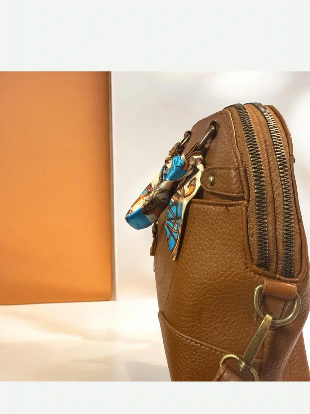 White Mountain  Brown Crossbody Satchel with printed scarf